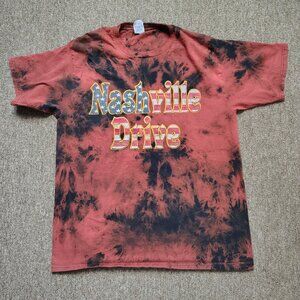 NASHVILLE DRIVE Shirt Men L Black Bleach Dyed Spellout American Flag Cotton Band